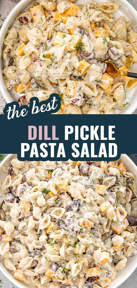 Looking for a refreshing and flavorful side dish? Try this Dill Pickle Pasta Salad! Packed with crunchy pickles, cheddar cheese, and a zesty dressing, it's perfect for summer barbecues and picnics. #DillPicklePastaSalad #PastaSalad #SummerRecipes #PicnicFood #BBQSideDishes #EasyRecipes Pickle Pasta Salad Recipe, Pickle Pasta Salad, Pickle Pasta, Dill Pickle Pasta Salad, Creamy Pasta Salads, Averie Cooks, Easy Pasta Salad Recipe, Best Pasta Salad, Cold Pasta Salad