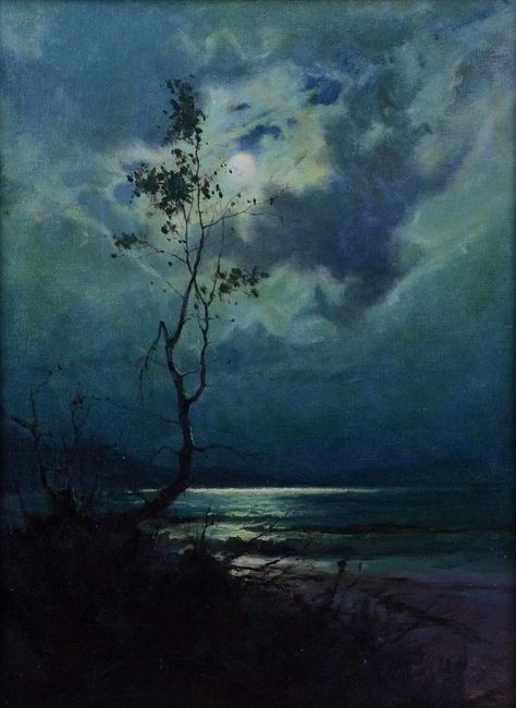 Coastal seascape painting by Sydney Mortimer Laurence Night Seascape, Art Newspaper, Moonlight Painting, Lunar Calendar, Classic Paintings, Night Painting, First Art, Seascape Paintings, Abstract Painting Acrylic