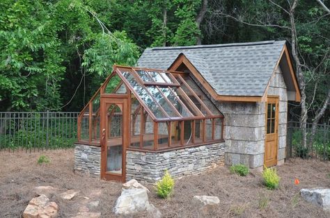 This Tudor greenhouse is attached to the house at the gable end and has a stone base providing thermal mass Greenhouse Pictures, Greenhouse Shed, Wooden Greenhouses, A Small House, Backyard Greenhouse, Building A Chicken Coop, Greenhouse Plans, Diy Greenhouse, Garden Greenhouse