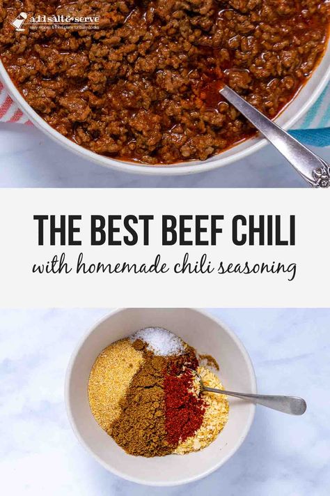 The best beef chili recipe is full of ground beef, homemade seasoning, and tomato sauce. No beans in this rich Terlingua-style chili! No Bean Beef Chili Recipes, No Bean Beef Chili, Best Chili Recipe No Beans, Homemade No Bean Chili Recipe, Seasoning For Chili Ground Beef, Chili Bean Seasoning Recipe, Beef Chili Recipe No Beans, Homemade Chili No Beans, Best Homemade Chili Recipe Beef