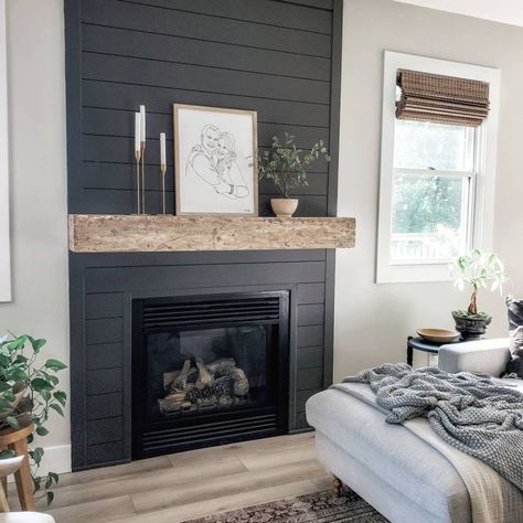 Black Shiplap Fireplace, Above Fireplace Ideas, Black Shiplap, Fireplace Accent Walls, Wood Mantle Fireplace, Black Fireplace, Shiplap Fireplace, White Fireplace, Fireplace Remodel