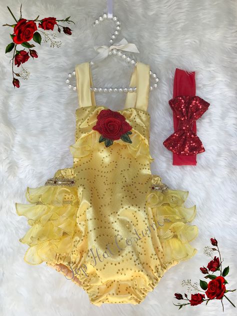 Princess Birthday Outfit, Belle Halloween, Belle Outfit, Lace Romper Baby, Cake Smash Outfit Girl, Disney Princess Babies, Beauty And The Beast Belle, Belle Costume