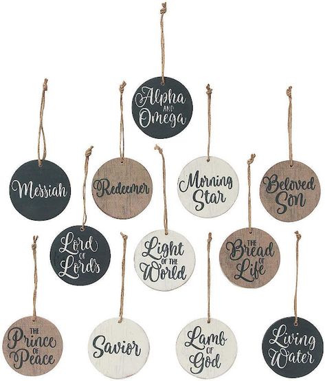 A Wise Woman Builds Her Home: 10 Christ - Centered Christmas Ornaments Your Family Will Love - Names of Jesus Scripture Ornaments Diy, Christian Wood Ornaments, Christian Christmas Tree Ideas, Names Of Jesus Ornaments Diy, Names Of God Ornaments, Names Of Christ Ornaments, Christ Centered Christmas Decorations, Names Of Jesus Ornaments, Religious Christmas Decorations