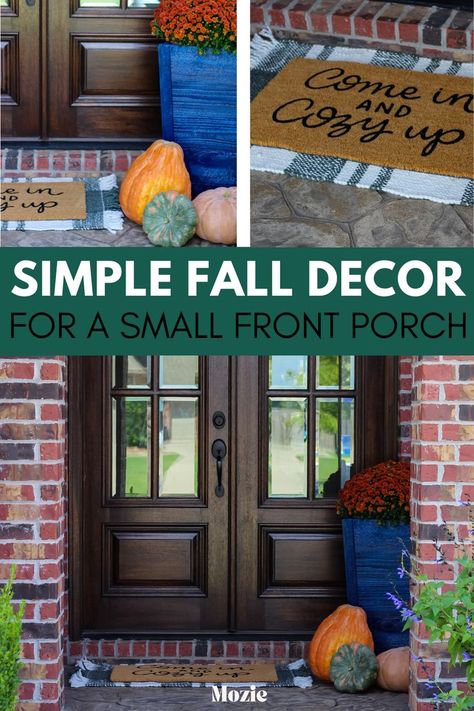 Are you looking for a simple and inexpensive way to decorate your small front porch for fall? We're sharing how we decorated ours for the season. It can be as simple as adding a bright orange mum, several pumpkins and layered outdoor mats. Fall Decor For Small Apartment, Decor For Small Porch, Decor For Small Front Porch, Small Fall Porch Decorating Ideas, Small Apartment Fall Decor, Small Front Porch Fall Decor, Small Fall Porch, Fall Outdoor Decor Porch, Fall Outside Decor