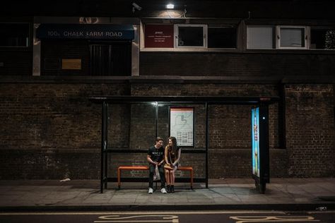 A couple at a bus stop on Chalk Farm Road in Camden Town Night In London, Sarah Lee, Film Story, Essay Tips, Bus Life, Camden Town, London Bus, London Photos, Bus Stop