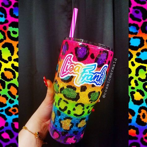 Lisa Frank Tumbler Ideas, Lisa Frank Tumbler, Lisa Frank Birthday Party, Resin Cups, Rainbow Leopard Print, Bling Fashion, Epoxy Tumblers, Treasure Crafts, Custom Tumbler Cups