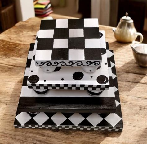 Harlequin and More Black and White Tier Table by OurPlaceHandCrafted on Etsy Buffet Setting, Mackenzie Childs Furniture, Mackenzie Childs Diy, Pottery Display, Tray Cake, Mackenzie Childs Inspired, Thrift Store Makeover, Mckenzie And Childs, Dessert Presentation