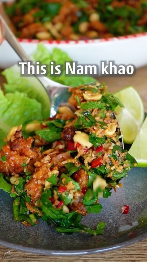 Maya // vegan recipes on Instagram: “VEGAN NAM KHAO 🇱🇦 Nam khao is a popular salad from Laos, the crispy rice with the fresh herbs, the crunchy nuts and the tangy dressing…” Lao Food Recipes, Nam Khao Recipe, Nam Khao, Thai Red Curry Paste, Plant Based Cookbook, Crispy Rice, Cooked Rice, Red Curry Paste, Food Videos Cooking