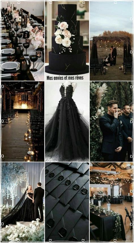 Dark Elegant Wedding Theme, Country Meets Goth Wedding, Black Wedding Styles, Black Spooky Wedding, Black Wedding Dress Color Scheme, Black Altar Wedding, Black Themed Wedding Ideas, Small Black Wedding Ideas, Black Wedding Accent Colors