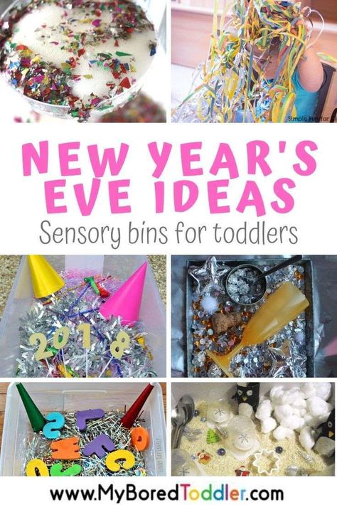 New Year's Eve Sensory Bins for Toddlers New Years Eve Toddler, Sensory Bins For Toddlers, Winter Homeschool, Regulation Activities, Sensory Regulation, Preschool Homeschooling, Sensory Bin Play, Sensory Tables, New Year's Eve Crafts