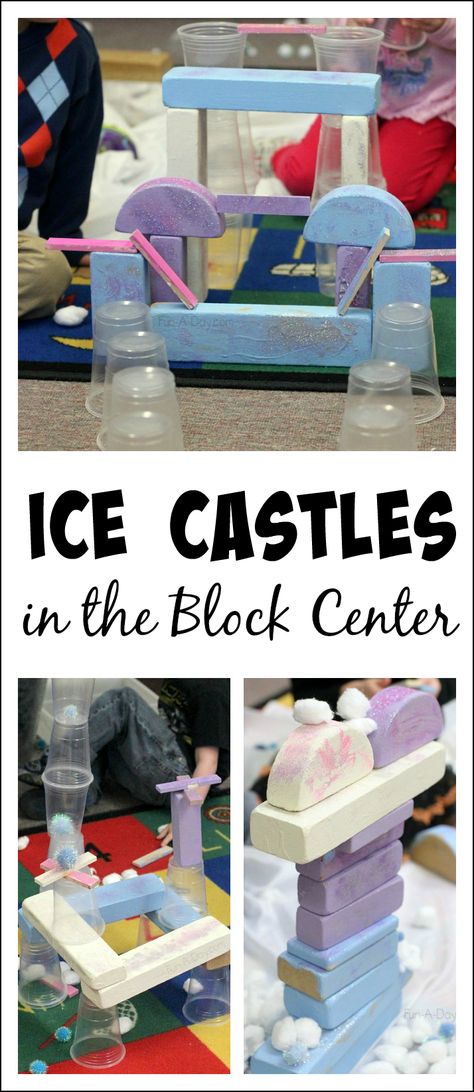 Frozen-inspired building activities for preschoolers - invitation to build ice castles in the block center! Winter Theme Block Center, Building Activities For Preschoolers, Preschool Block Area, Ice Activities, Block Center Preschool, Blocks Center, January Themes, Blocks Preschool, Winter Unit