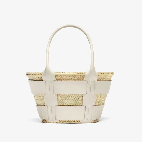 The Mini Santorini | Natural Basket Off-White Smooth | DeMellier | DeMellier Minimalist Summer, Natural Baskets, Summer Capsule Wardrobe, Leather Harness, Metallic Bag, Luxury Packaging, Beach Getaways, Basket Bag, Summer Staples