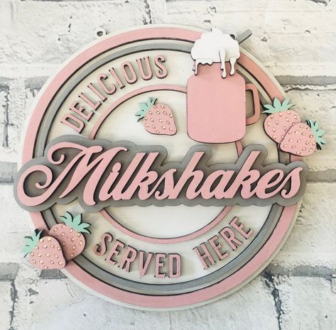 Beautiful retro milkshake signs at http://www.etsy.com/uk/shop/vintagelacecottage  These 20cm retro milkshake signs are a perfect accessory for a playroom, shop, kitchen etc. These are hand painted to your choice of colours, please message me to discuss in detail if you want certain colours or add a note with your order. Please have a look at my range of other retro food items as they can all be made to match your colour scheme. Please see my range of other retro food signs in my retro signs category x