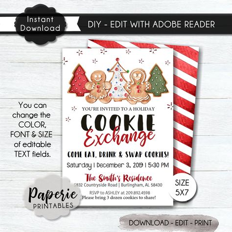 Cookie Exchange Christmas Party Invitation - Cookie Decorating Party -DIY Editable Party Invitation Template-Edit with Adobe Reader DC-#CP22 Christmas Party Invitations Printable, Swap Party, Cookie Exchange Party, Cookie Decorating Party, Holiday Cookie Exchange, Decorating Party, Christmas Cookie Exchange, Milk And Cookies, Christmas Party Invitation