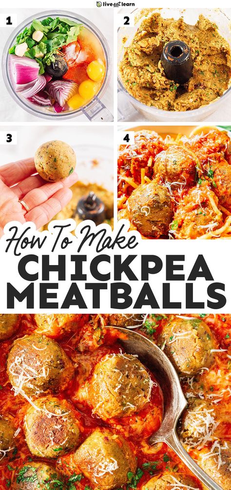 With Italian seasoning and classic meatball ingredients (think eggs and breadcrumbs), this chickpea meatball recipe is the perfect vegetarian addition to your favorite pasta dish. All you need to make them is 30 or so minutes and a food processor. Enjoy them in a meatball sub, with spaghetti, or just as an easy meal prepped lunch. Recipes For Food Processor, Chickpea Meat, Chickpea Meat Substitute, Food Processor Recipes Dinner, Chickpea Meatballs Easy, Vegetarian Meatballs Recipe, Food Processor Recipes Healthy, Quick Chickpea Lunch, Meatballs No Breadcrumbs