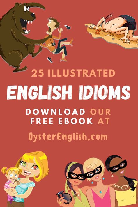 Four illustrations from the free eBook, 25 Illustrated English Idioms, available at OysterEnglish.com Common English Idioms, English Sounds, Sentence Examples, Study Aesthetics, Esl Teaching Resources, Elementary School Library, Idioms And Phrases, The Sentence, English Idioms