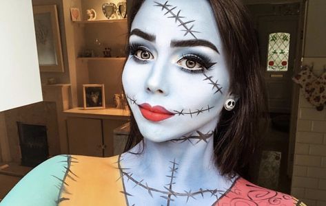 Sally Halloween Costume Diy, Sally Easy Makeup, Sally Makeup Nightmare Before Christmas Make Up, Nbc Sally Makeup, Jack And Sally Face Paint, Sally Make Up Nightmare Before Christmas, Jack The Pumpkin King Makeup, Sally Makeup Halloween Tutorial, Sally Diy Costume Women