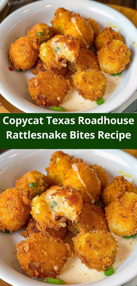 Homemade Texas Roadhouse Rattlesnake Bites. Cheesy, spicy, and simple! Rattlesnake Bites Recipe, Texas Roadhouse Rattlesnake Bites, Texas Roadhouse Recipes, Copycat Texas Roadhouse, Rattlesnake Bites, Cheesy Appetizer, Spicy Cheese, Snakebites, Copykat Recipes