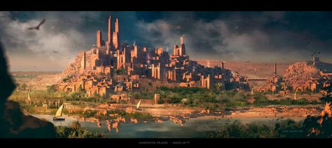 Oasis City by José Julián Londoño Calle | Illustration | 2D | CGSociety  http://josejulian100.cgsociety.org/art/oasis-city-illustration-2d-1251408 City Fantasy Art, Sun Queen, A Darker Shade Of Magic, Dream Fantasy, Landscape Concept, River Art, City Illustration, Fantasy City, Fantasy Castle