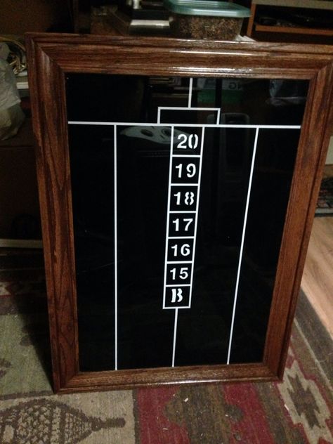 A dart scoreboard made by my husband for my son's new game room Back Board For Dart Board, Diy Dart Scoreboard, Dart Board Scoreboard, Rustic Dart Board, Dart Scoreboard, Wood Behind Dart Board, Darts Scoreboard, Bar Games, Garage Conversion