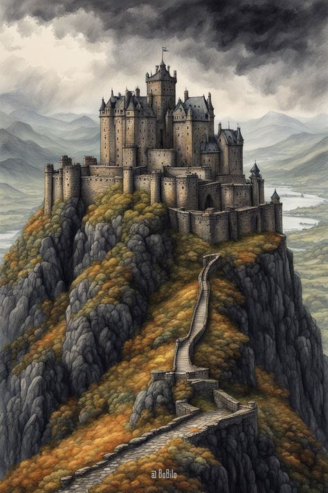 Digital Fantasy: Majestic Mountain Castles in the Clouds Castle In The Mountains Art, Mountain Fortress Fantasy Art, Dragon Castle Fantasy Art, Fantasy Fortress Concept Art, Mountain Kingdom Fantasy Art, Fantasy Mountain Castle, Mountain City Fantasy Art, Fortress Aesthetic, Fantasy Castle Concept Art