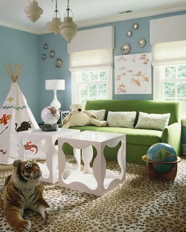 Lynne Scalo Design - boys rooms - playroom, play room, whimsical playroom, whimsical play room, blue walls, blue paint color, Moroccan lanterns, green sofa, cheetah rug, cheetah, , tipi, cubes, white cubes, white cube tables, convex mirrors, white roman shades, linen roman shades, green pillows, leopard print, leopard print rug, leopard rug, Playroom Blue, Blue Green Rooms, Green Playroom, Leopard Carpet, Shell Hanging, Fun Room, Dream House Living Room, Green Couch, Master Room