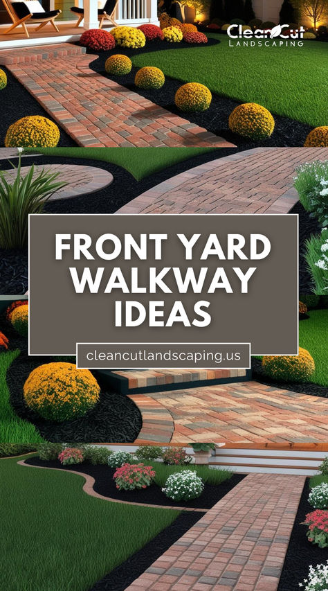 Front Yard Walkway Ideas, Brick Pavers Walk Ways To Front Door Pathways, Sideyard Pathway Walkways, Front Walkway Ideas Landscaping, Front Yard Pathways Walkways, Front Yard Aesthetic, Pavers Pathway, Front Yard Walkway Ideas, Yard Walkway Ideas, Yard Aesthetic