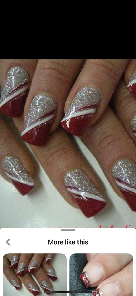 Christmas Nails With White Tips, Red Nail Art Elegant, Red Nails With Silver Glitter, Pretty Wedding Nails, Black And Red Valentines Nails, Elegant Christmas Nails Classy, Red And Silver Nail Designs, Christmas Nails Elegant, Red And Silver Nails