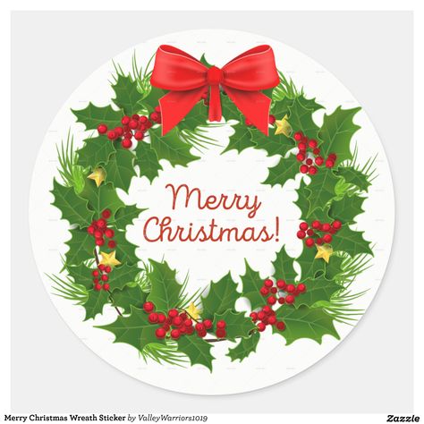 Merry Christmas Wreath Sticker | Zazzle Christmas Stickers Printable, Christmas Printable Labels, Peace Sticker, Christmas Wreath Clipart, Merry Christmas Printable, Xmas Sticker, Merry Christmas Wreath, Christmas Cake Topper, Merry Christmas Yall