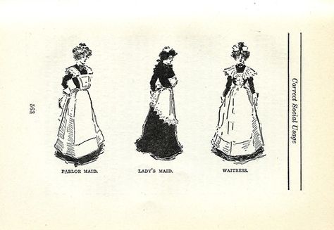 Servants’ uniforms, 1906: Parlor maid, Lady’s Maid, Waitress Vintage Maid Outfit, Victorian Maid Outfit, Servant Clothes, Edwardian Fashion Plates, Victorian Maid, Maid Uniform, 20th Century Fashion, History Fashion, Maid Outfit