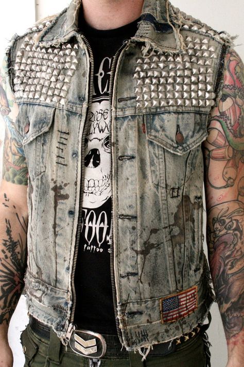 Acid Denim Studded Vest by BoneBlack on Etsy, $568.00 Outfit Reference, Studded Denim Jacket, Heavy Metal Fashion, Catty Noir, Battle Jacket, Grunge Dress, Studded Denim, Metal Clothing, Punk Outfits