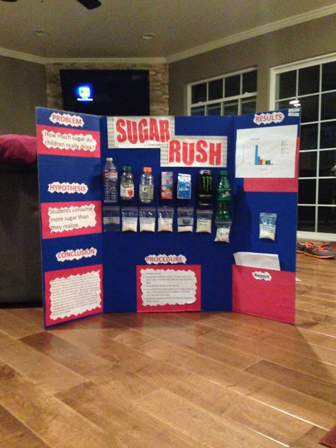 My awesome science project on sugar rush Sugar Science Fair Project, First Grade Science Fair Projects, Invention Convention Ideas, Chemistry Science Fair Projects, Kindergarten Science Fair Projects, Sugar In Drinks, 4th Grade Science Projects, Project Display Boards, Easy Science Fair Projects