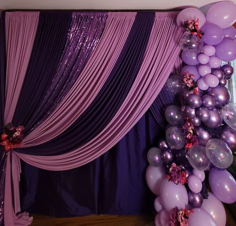 Backdrop Purple, Draping Decor Backdrop Ideas, Pastoral Anniversary Ideas, Curtain Backdrop Wedding, Church Stage Design Ideas Backdrops, Purple Drapes, Draping Ideas, Simple Stage Decorations, House Warming Ceremony