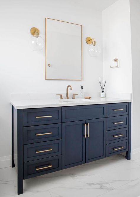 Navy Blue Cabinet Bathroom, Guest Bathroom Blue Vanity, Navy Bathroom Vanity With Gold Hardware, Bathroom Navy Cabinets, Navy Ensuite, Hale Navy Cabinets Bathroom, Navy Cabinets Bathroom, Navy Bathroom Vanity Gold Hardware, Navy Bathroom Vanity With Silver Hardware