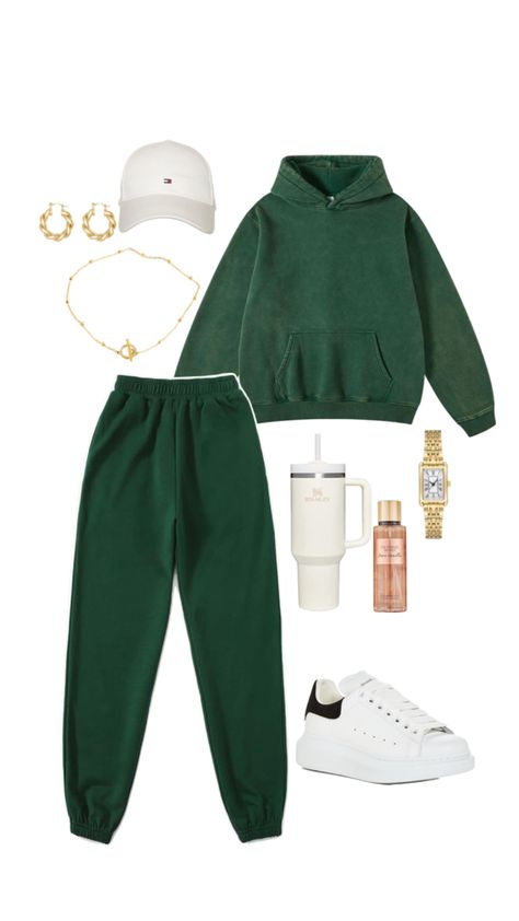 Travel outfit idea, spring, comfy outfit, comfortable, tracksuit, green sweatpants and hoodie, Stanley cup, accessories, fashion inspiration, fit inspo Green Sweatpants Outfit, Girl Exercise, Sweatpants And Hoodie, Outfit Layouts, Outfit Comfortable, Green Sweatpants, Cup Accessories, Sweatpants Outfit, Outfit Layout