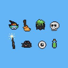 Premium Vector | Pixel art cartoon witch elements. 8bit. halloween. Witch Pixel Art, Pixel Art Cartoon, Witch Elements, Halloween Pixel Art, Popular Candle, Pixel Sprites, Gem Painting, Dark Spells, Cartoon Witch