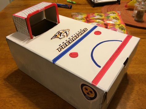 Nashville Predators Valentine Box Hockey Valentines Boxes For Boys, Hockey Rink Valentines Boxes, Hockey Valentine Box Ideas, Hockey Valentines Boxes, Daycare Treats, Hockey Valentines, Valentine's Boxes, Valentines 2024, Valentine Boxes For School