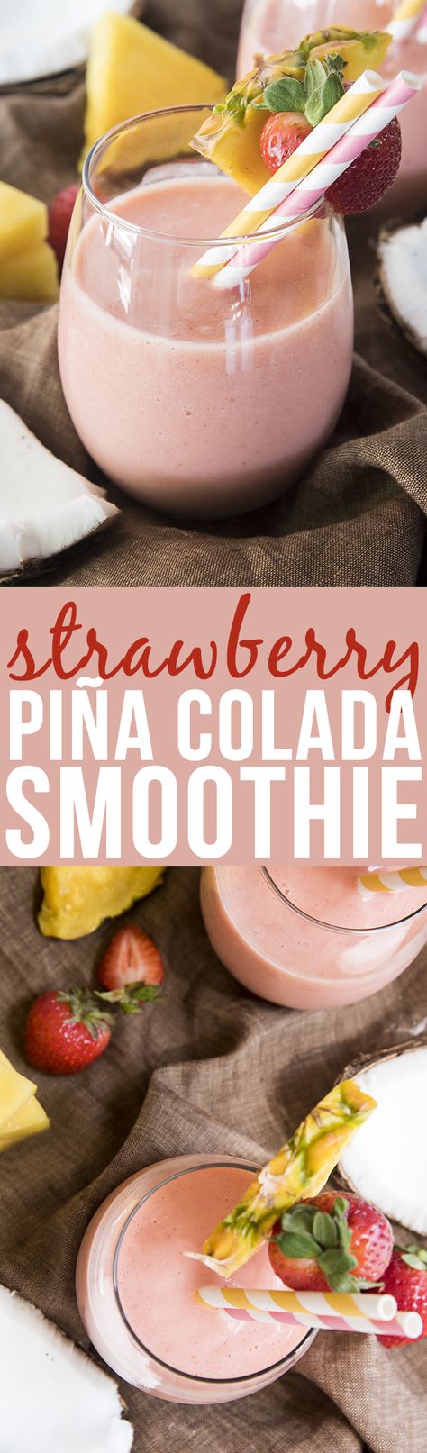 Strawberry Pina Colada Smoothie - This delicious smoothie is full of frozen pineapple, strawberries and cream of coconut for a perfectly refreshing and sweet drink, great for summer time! Strawberry Pina Colada, Strawberry Pineapple Smoothie, Pina Colada Smoothie, Protein Smoothies, Alcoholic Beverage, Pineapple Smoothie, Sweet Drinks, Summer Drink, Diy Spring