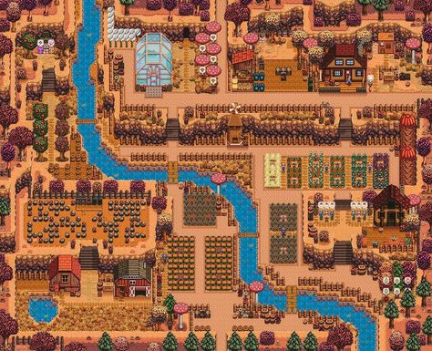 Stardew Valley Farm Layout Hilltop Cute, Stardew Valley Farm Hilltop, Sdv Farm Layout Hilltop, Stardew Valley Mining Farm Layout, Hillside Farm Stardew, Sdv Hilltop Farm Layout, Stardew Mountain Farm, Stardew Valley Hilltop Farm Layout Ideas, Aesthetic Stardew Valley Farm Layout No Mods