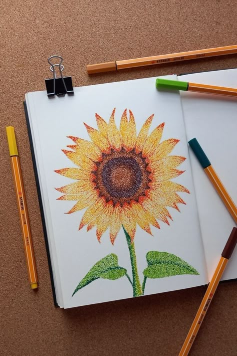 Dot Drawing Simple, Stippling Painting, Pointalism Art, Dotted Drawings, Easy Disney Drawings, Stippling Art, Pen Art Drawings, Dot Art Painting, Sunflower Art