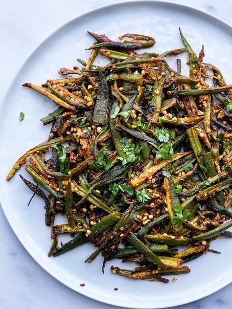 Bhindi Sabzi-Okra Stir Fry - Feast with Safiya Indian Okra Recipes, Bhindi Fry, Okra Curry, Okra Fries, Cilantro Chutney, Indian Flat Bread, Okra Recipes, Lentil Curry, Cooking With Olive Oil