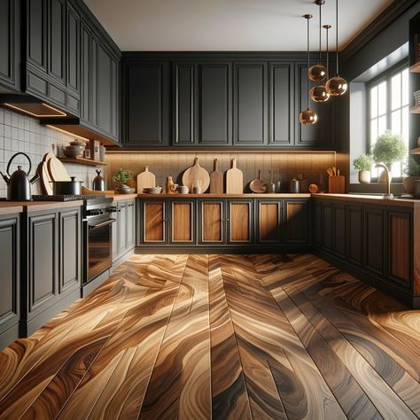 dark kitchen cabinets and warm caramel walnut hardwood floors White Herringbone Floor, Walnut Hardwood Floors, Dark Brown Floor, Black Walnut Flooring, Flooring Options Durable, Walnut Hardwood Flooring, Walnut Floors, Walnut Cabinets, Brown Floors