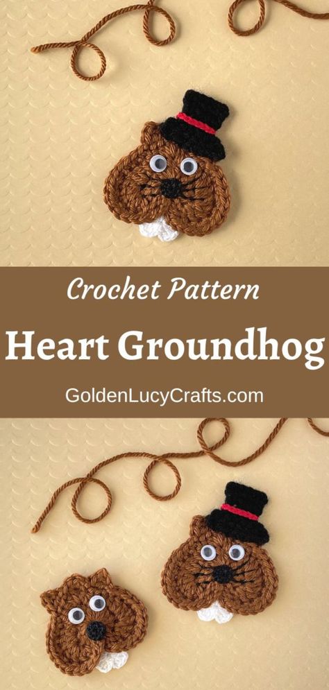 Crocheted groundhog appliques. Crochet Groundhog Free Pattern, Golden Lucy Crafts Crochet, Golden Lucy Crafts, Afgan Patterns, Bookmark Crochet Tutorial, Fox Bookmark, Crochet Bookmarks Free Patterns, Worry Pet, Crocheted Gifts