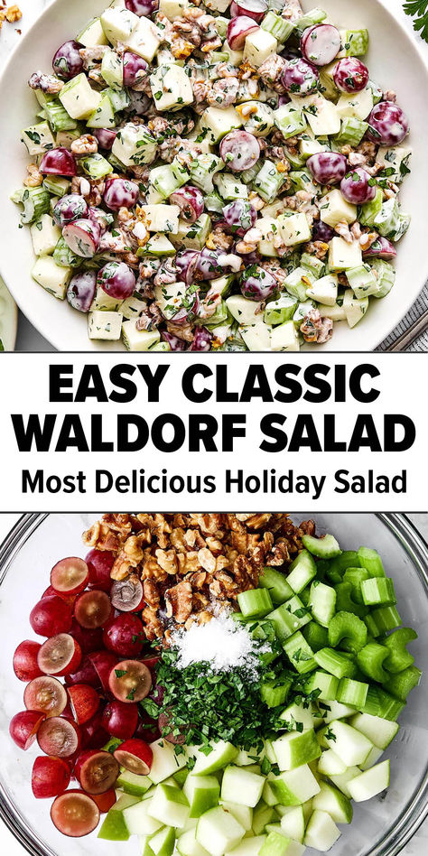 Classic Waldorf salad recipe. Green Salad With Fruit Recipes, Healthy Salad Recipes For Christmas, Turkey Side Dishes Healthy, Salad For Turkey Dinner, Christmas Apple Salad Recipe, Nut Free Salad Recipes, Fresh Side Salad, No Leaf Salad, Healthy Waldorf Salad