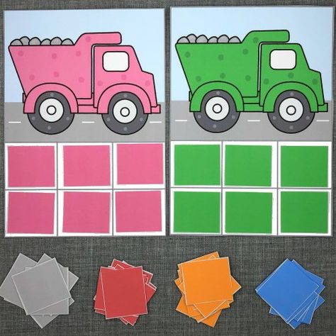 dump truck color sort for preschool and kindergarten Construction Lesson Plans For Toddlers, Vehicles Preschool, Construction Activities Preschool, Community Neighborhood, Construction Theme Preschool, Community Helpers Crafts, Colourful Things, Color Activity, Emergent Curriculum