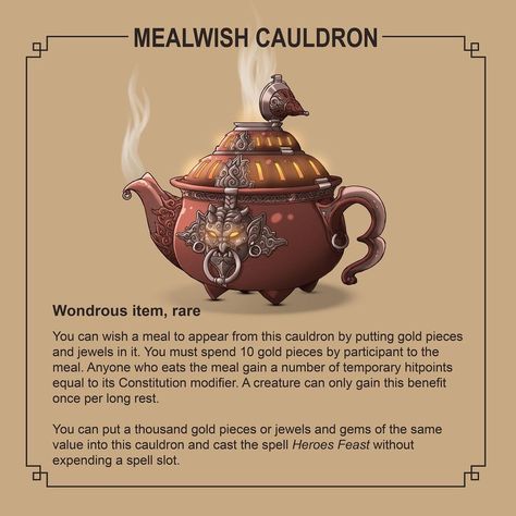 DND MAGIC ITEMS HOMEBREW - MEALWISH EFREETI CAULDRON Fantasy Items Art, Dnd Magic Items Homebrew, Dnd Magic Items, Drawing Monsters, Magical Artifacts, Dnd Magic, Inktober Challenge, Dnd Homebrew, Dungeon Master's Guide