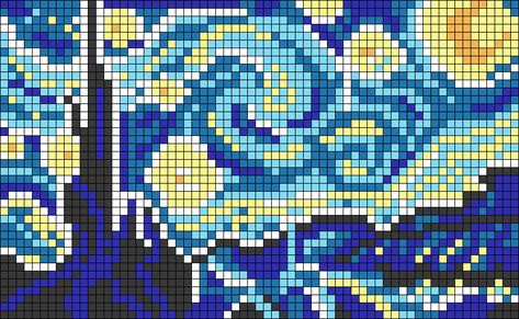 Alpha Friendship Bracelet Pattern #22014 added by pandorica. Van, gogh, starry, night, art, city. Famous Painting Cross Stitch Pattern, Famous Paintings Cross Stitch Patterns, Stary Night Crochet, Pixel Starry Night, Starry Night Pixel Art Grid, Pixel Art Of Famous Paintings, Famous Painting Perler Beads, Famous Art Cross Stitch, Famous Painting Cross Stitch