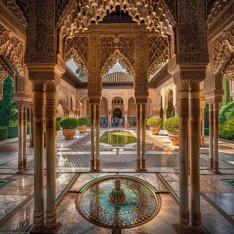 The picture shows the Court of the Lions in the Alhambra, a UNESCO World Heritage Site in Granada, Spain. It is one of the most famous examples of Moorish architecture in Spain ->> more details in ai-img-gen.com Spanish Moorish Architecture, Latin Architecture, Alhambra Architecture, Lion King Wedding, Summer Desktop Backgrounds, Moorish Spain, Moroccan Palace, Arab Architecture, Colourful Tiles