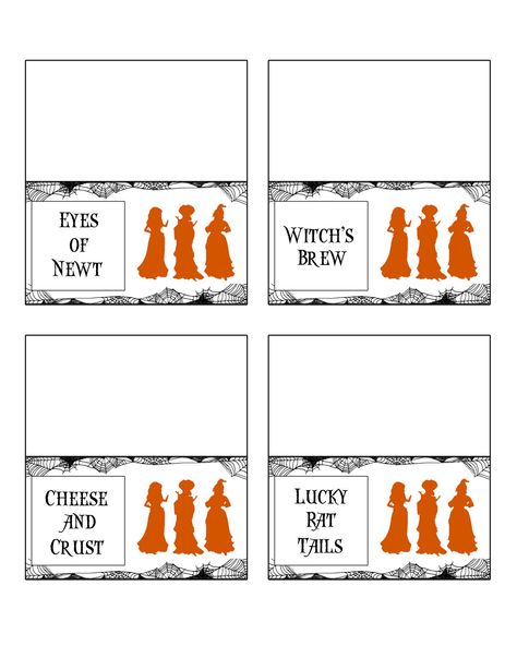 These Hocus Pocus themed printable food tent cards are a must have for your upcoming Halloween parties and movie nights! You can print them blank or already labeled with festive food and drinks names. Hocus Pocus Food, Labels Free Printable, Family Night Activities, Party Place Cards, Spooky Dinner, Halloween Sleepover, Hocus Pocus Movie, Hocus Pocus Party, Halloween Movie Night