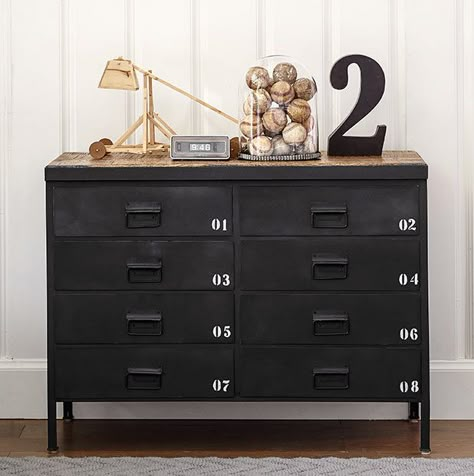 Trend spotting: Get in the game! - This locker-inspired dresser makes it easy to turn any kids room into a sports room! Black Dresser Boys Room, Locker Dresser, Industrial Dresser, Industrial Lockers, Industrial Bedroom Design, Boy Dresser, Black Dresser, Cool Kids Rooms, Farmhouse Pottery